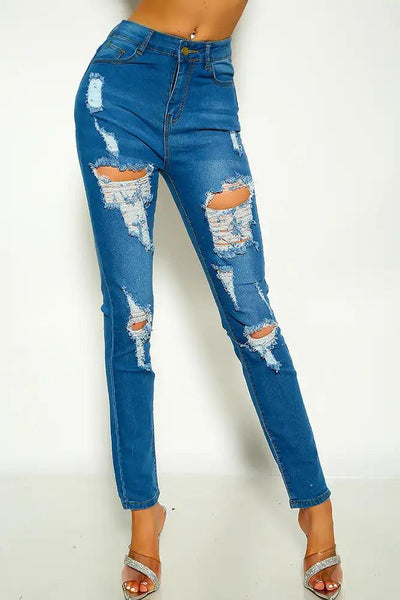 Light Blue Denim High Waist Stitched Detail Distressed Skinny Jeans - AMIClubwear