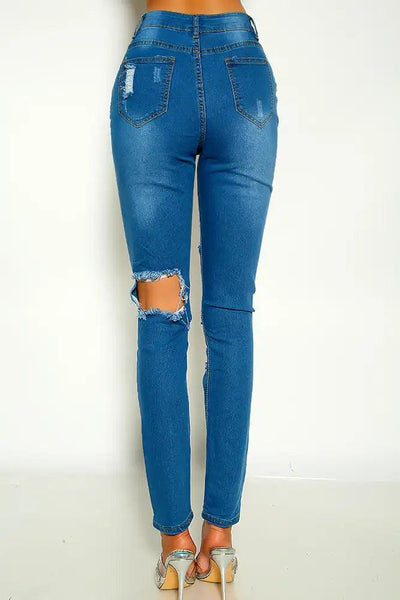 Light Blue Denim High Waist Stitched Detail Distressed Skinny Jeans - AMIClubwear