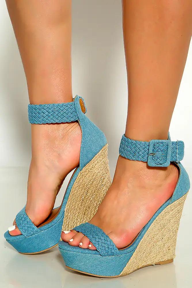 Light Blue Denim Open Toe Ankle Strap Espadrille Platform wedges - AMIClubwear