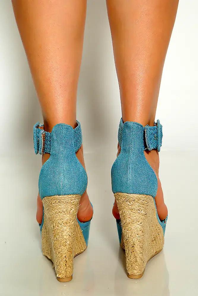 Light Blue Denim Open Toe Ankle Strap Espadrille Platform wedges - AMIClubwear
