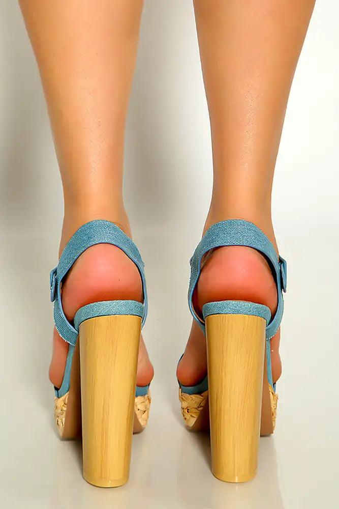 Light Blue Denim Open Toe Espadrille Platform Chunky High Heels - AMIClubwear
