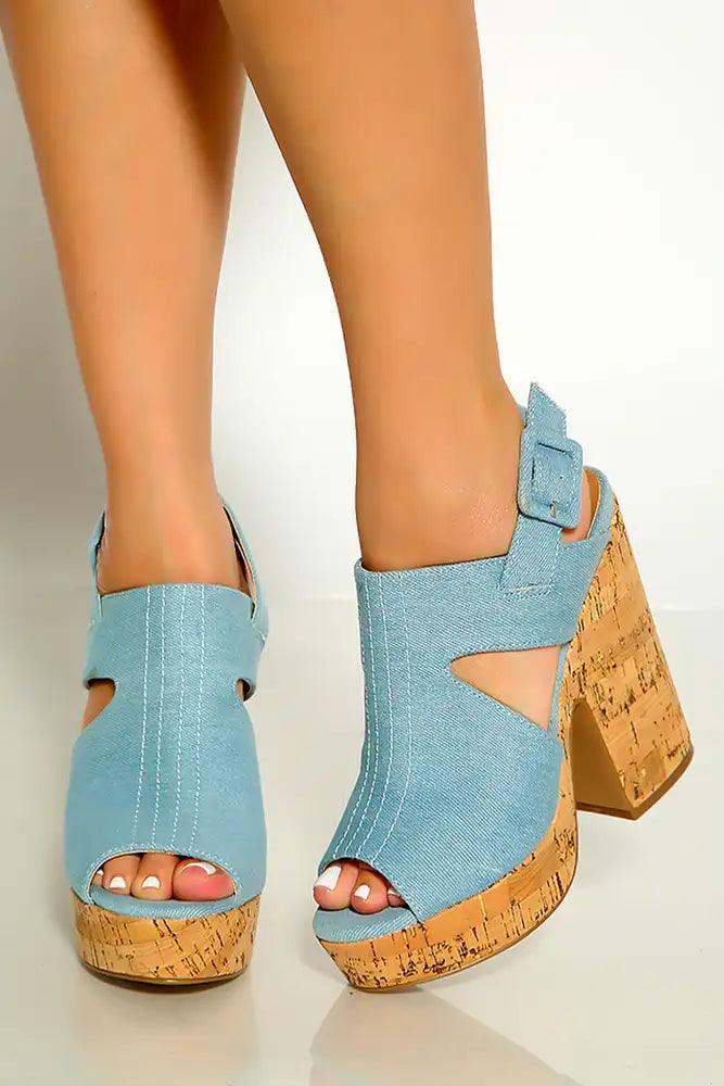 Light Blue Denim Peep Toe Cork Platform Chunky High heels - AMIClubwear