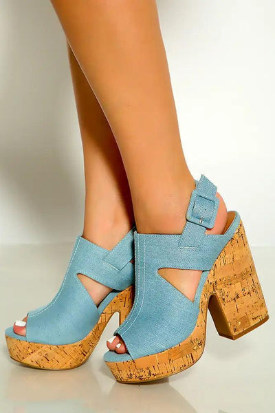 Light Blue Denim Peep Toe Cork Platform Chunky High heels - AMIClubwear