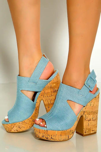 Light Blue Denim Peep Toe Cork Platform Chunky High heels - AMIClubwear