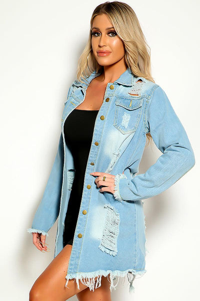 Light Blue Distressed Button Up Jean Jacket - AMIClubwear