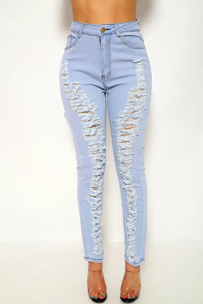 Light Blue Distressed Casual Jeans - AMIClubwear