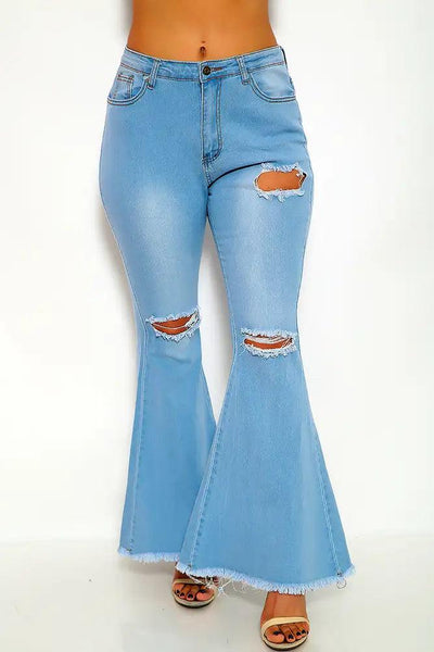 Light Blue Distressed Flared Jeans - AMIClubwear