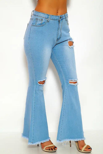 Light Blue Distressed Flared Jeans - AMIClubwear