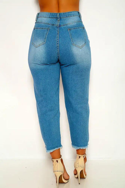 Light Blue Distressed High Waist Jeans - AMIClubwear