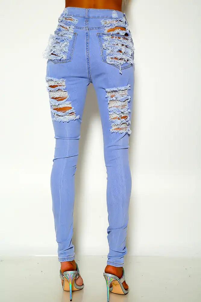 Light Blue Distressed Mid Rise Skinny Jeans - AMIClubwear