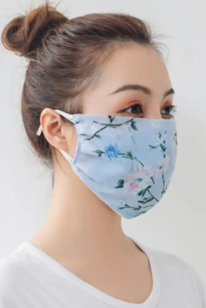 Light Blue Floral Print Reusable Face Mask - AMIClubwear