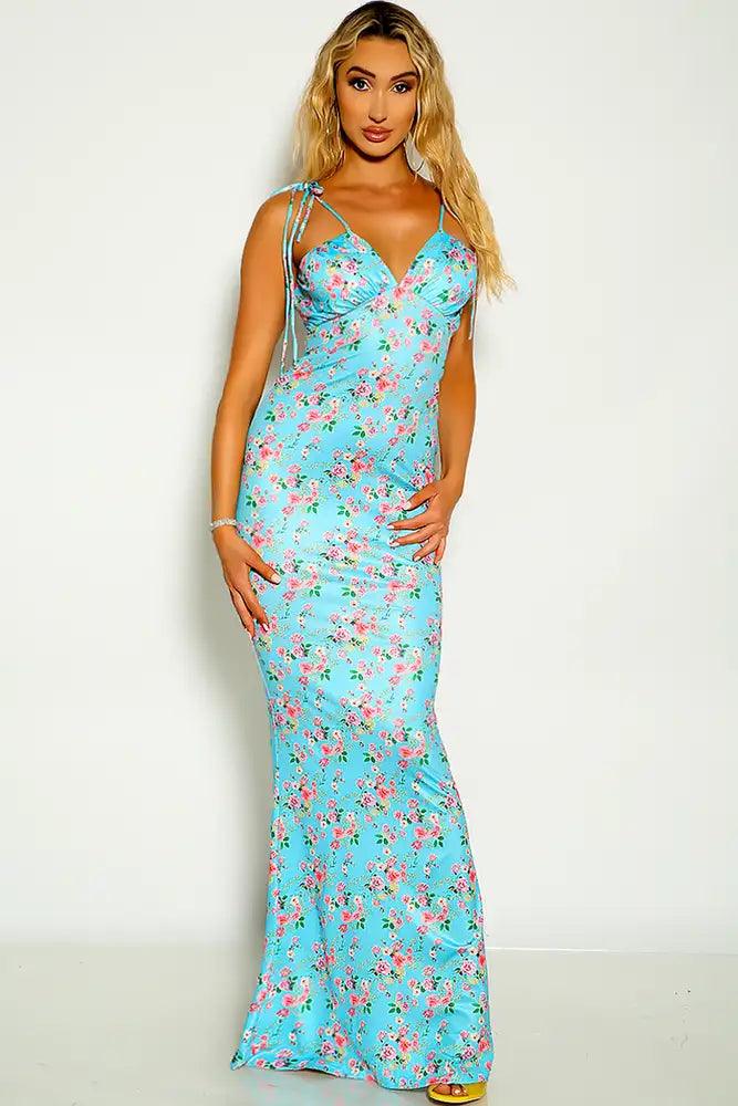 Light Blue Floral Print Tie Straps Maxi Dress - AMIClubwear