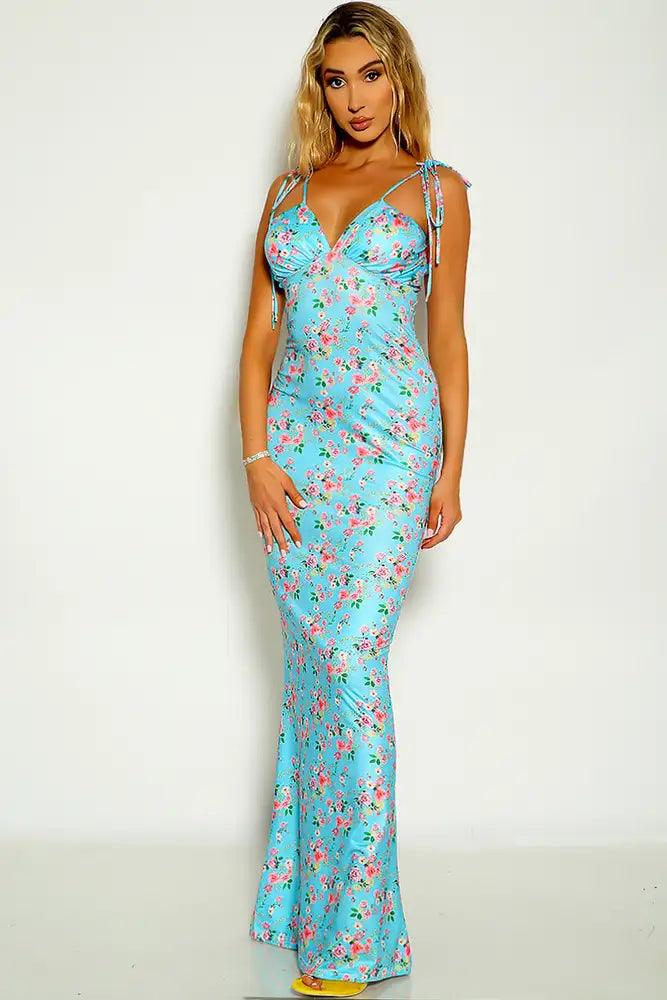 Light Blue Floral Print Tie Straps Maxi Dress - AMIClubwear