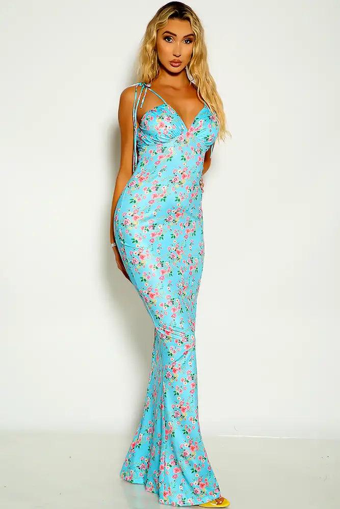 Light Blue Floral Print Tie Straps Maxi Dress - AMIClubwear