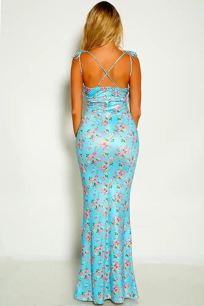 Light Blue Floral Print Tie Straps Maxi Dress - AMIClubwear