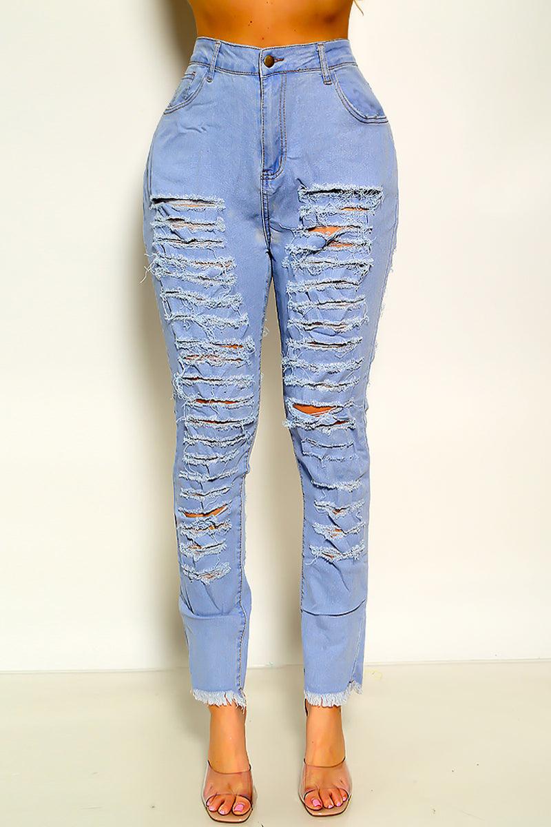 Light Blue Frayed Distressed Straight Jeans - AMIClubwear