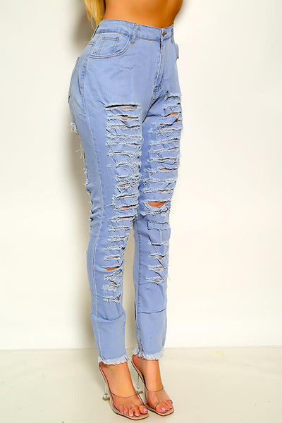 Light Blue Frayed Distressed Straight Jeans - AMIClubwear