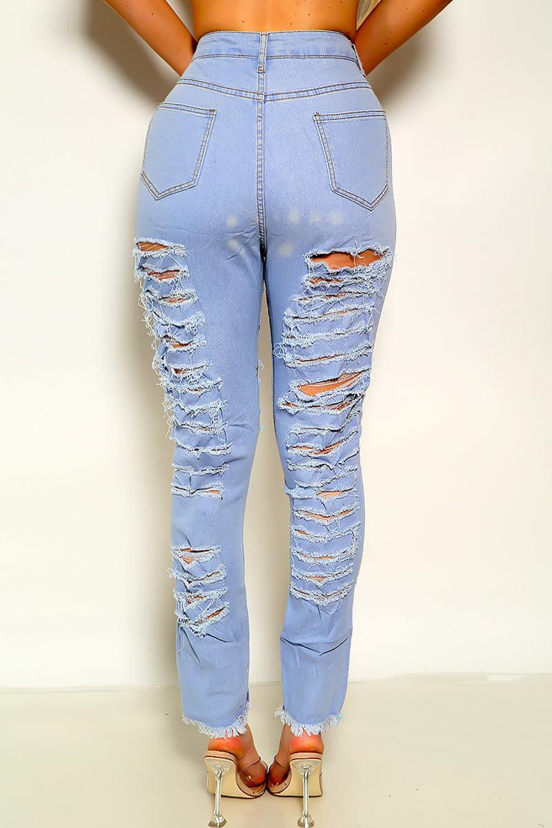 Light Blue Frayed Distressed Straight Jeans - AMIClubwear