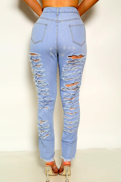 Light Blue Frayed Distressed Straight Jeans - AMIClubwear