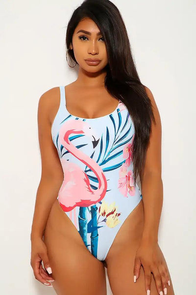 Light Blue Graphic Print Cheeky One Piece Swimsuit - AMIClubwear