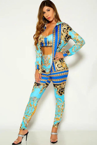 Light Blue Graphic Print Two Tone Three Piece Outfit - AMIClubwear