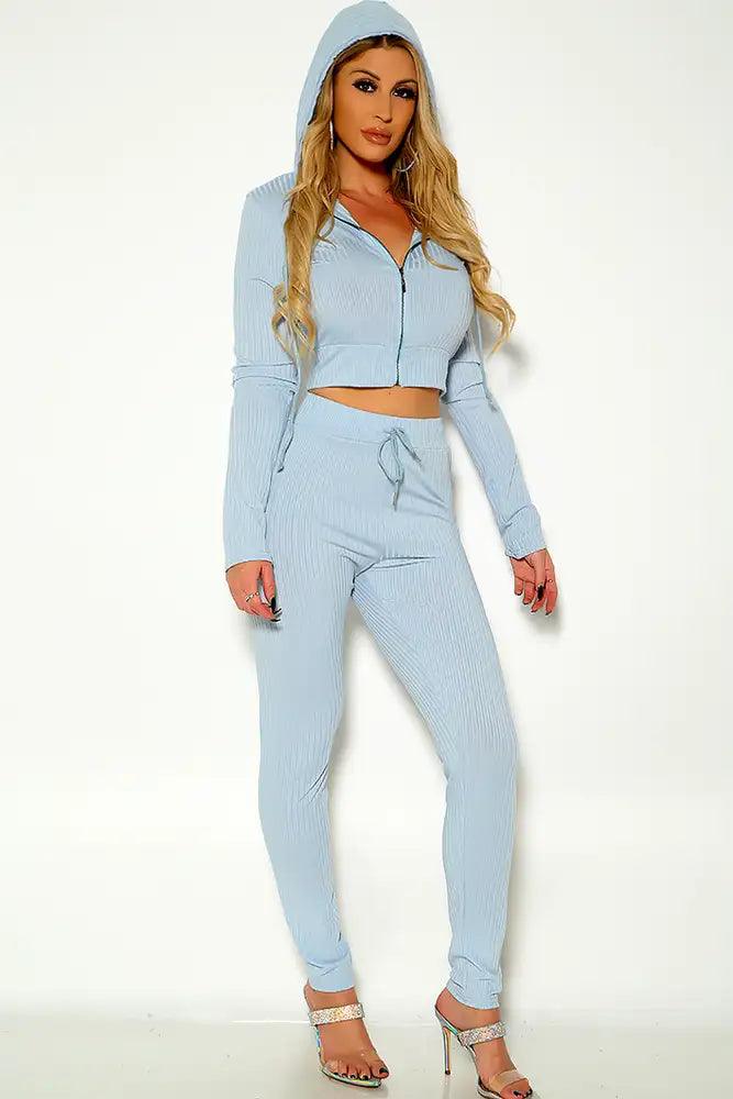 Light Blue Long Sleeve Hooded Two Piece Lounge Outfit - AMIClubwear