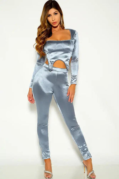 Light Blue Satin Long sleeve O-ring Detail Two Piece Outfit - AMIClubwear