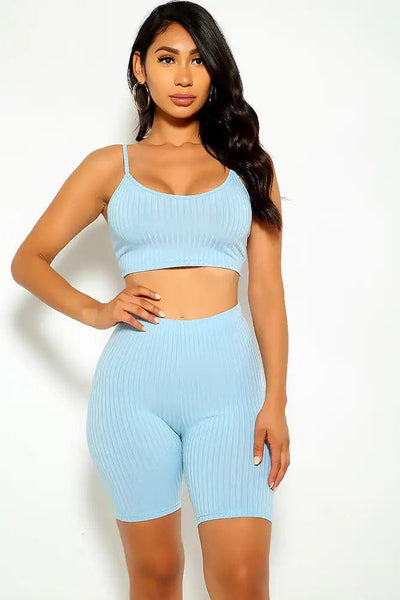 Light Blue Sleeveless Ribbed Two Piece Outfit - AMIClubwear