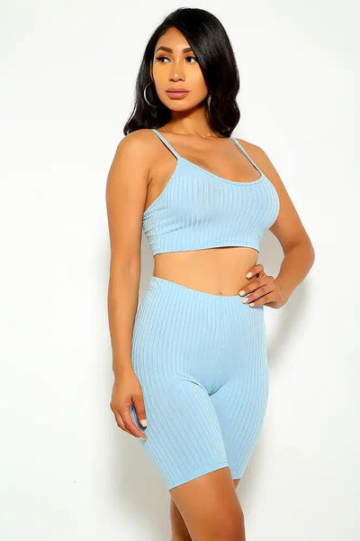 Light Blue Sleeveless Ribbed Two Piece Outfit - AMIClubwear