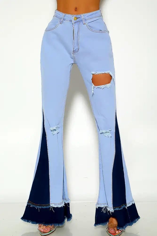 Light Blue Two Tone Distressed Bell Bottom Mid Rise Jeans - AMIClubwear