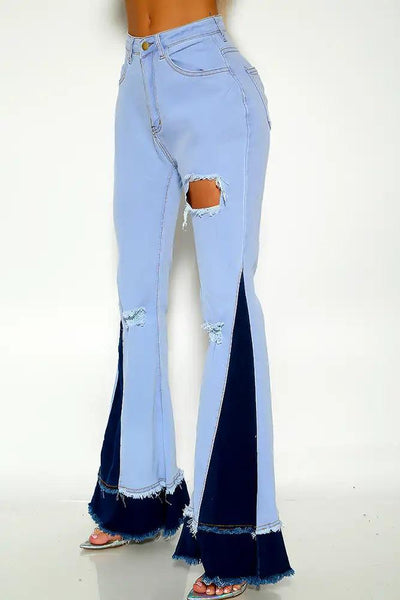 Light Blue Two Tone Distressed Bell Bottom Mid Rise Jeans - AMIClubwear