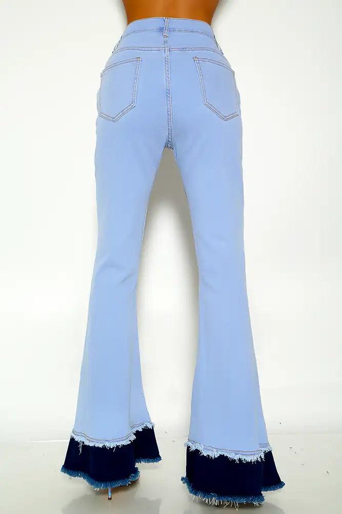 Light Blue Two Tone Distressed Bell Bottom Mid Rise Jeans - AMIClubwear