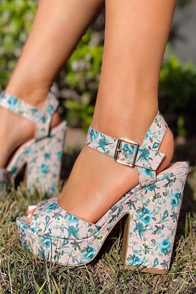 Light Blush Floral Print Peep Toe Ankle Strap Platform Chunky Heels - AMIClubwear