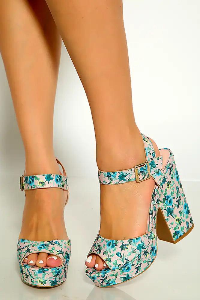 Light Blush Floral Print Peep Toe Ankle Strap Platform Chunky Heels - AMIClubwear
