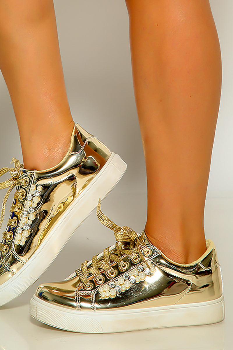 Light Golden Faux Pearls Lace Up Sneakers - AMIClubwear