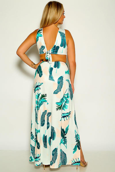 Light Green Floral Print Double Slit Sexy Plus Size Dress - AMIClubwear