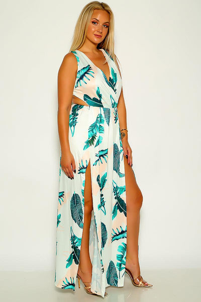 Light Green Floral Print Double Slit Sexy Plus Size Dress - AMIClubwear