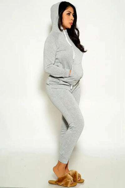 Light Grey Long Sleeve Cozy Hooded Two Piece Lounge Wear Outfit - AMIClubwear