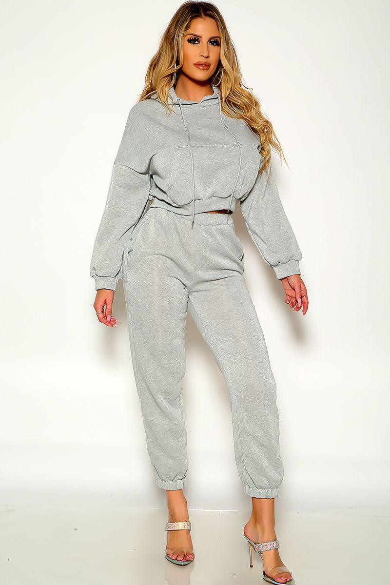 Light Grey Long Sleeve Cropped Cozy Two Piece Lounge Wear Outfit - AMIClubwear