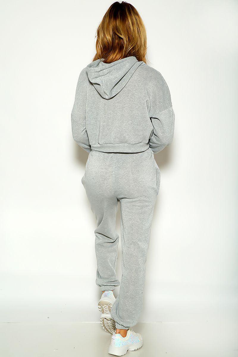 Light Grey Long Sleeve Cropped Cozy Two Piece Lounge Wear Two Piece Outfit - AMIClubwear