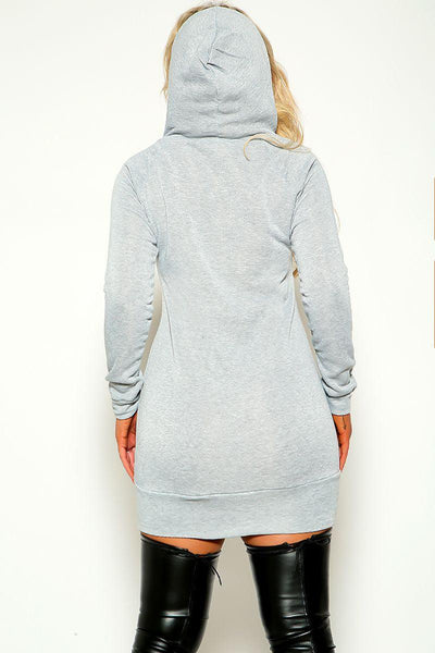Light Grey Long Sleeve Hooded Sweater Dress - AMIClubwear