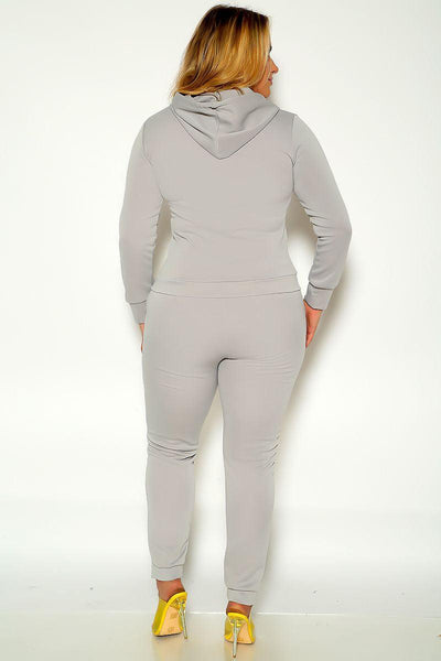 Light Grey Long Sleeve Hooded Zipper Closure Plus Size Two Piece Outfit - AMIClubwear