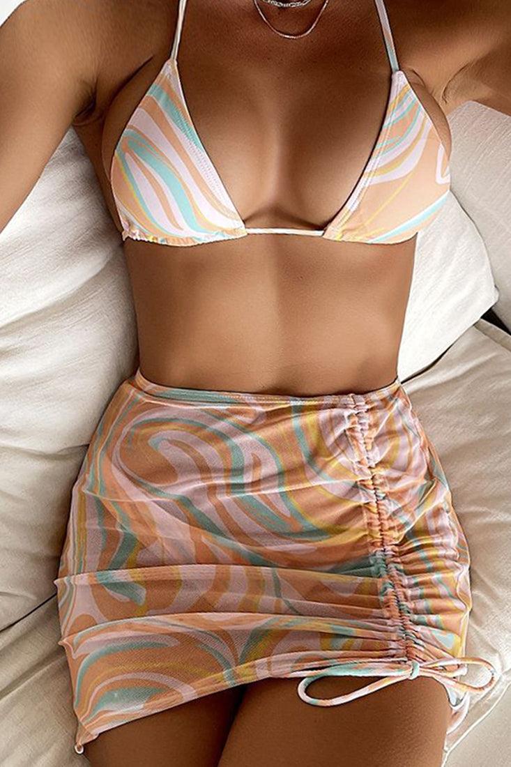 Light Orange Printed Halter Sexy Three Piece Swimsuit - AMIClubwear