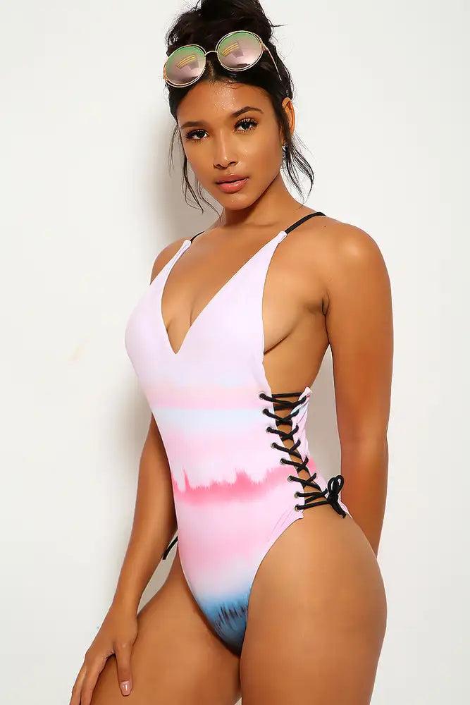 Light Pink Black V-Cut Lace Up One Piece Swimsuit - AMIClubwear