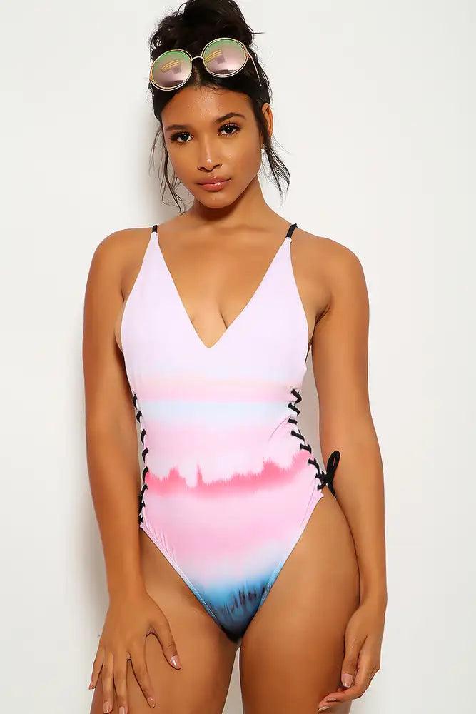 Light Pink Black V-Cut Lace Up One Piece Swimsuit - AMIClubwear