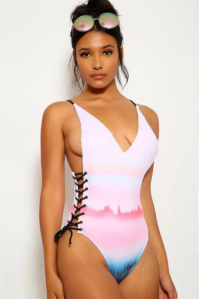 Light Pink Black V-Cut Lace Up One Piece Swimsuit - AMIClubwear