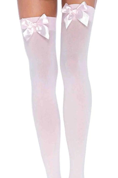 Light Pink Opaque Satin Bow Thigh Highs - AMIClubwear