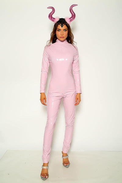 Light Pink Patent Leather Long Sleeve Jumpsuit - AMIClubwear