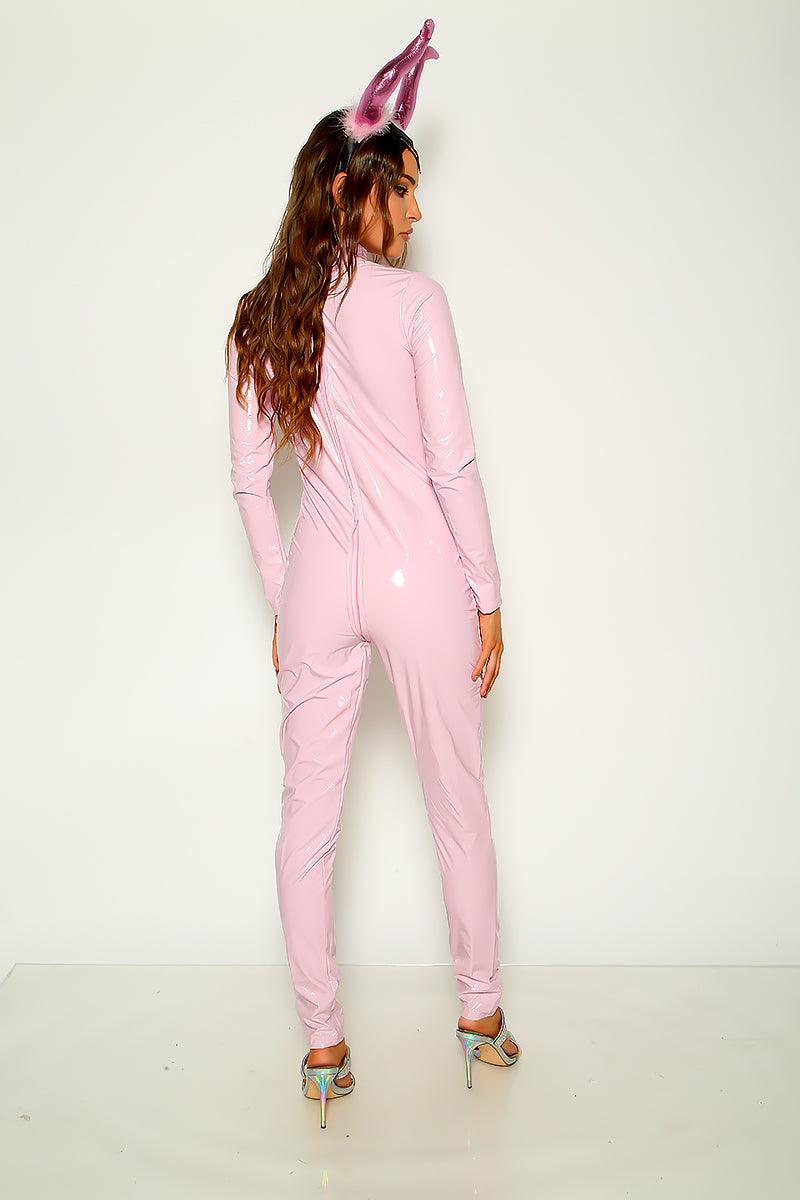 Light Pink Patent Leather Long Sleeve Jumpsuit - AMIClubwear