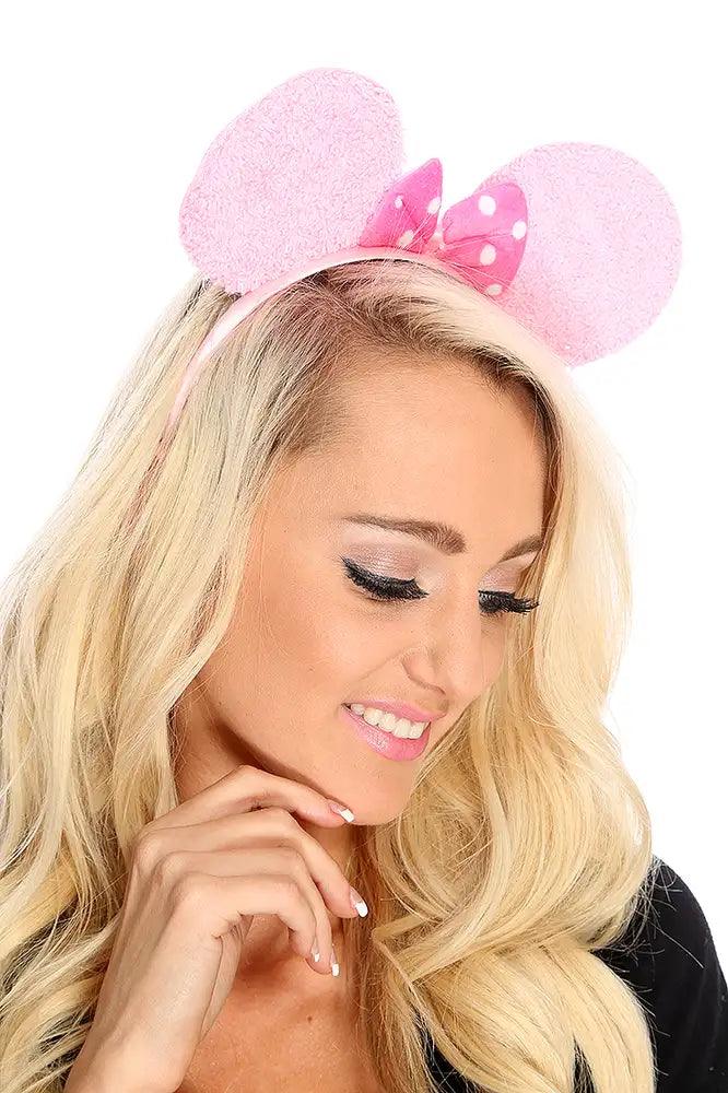 Light Pink Tinsel Terrycloth Bow Tie Mouse Ears - AMIClubwear